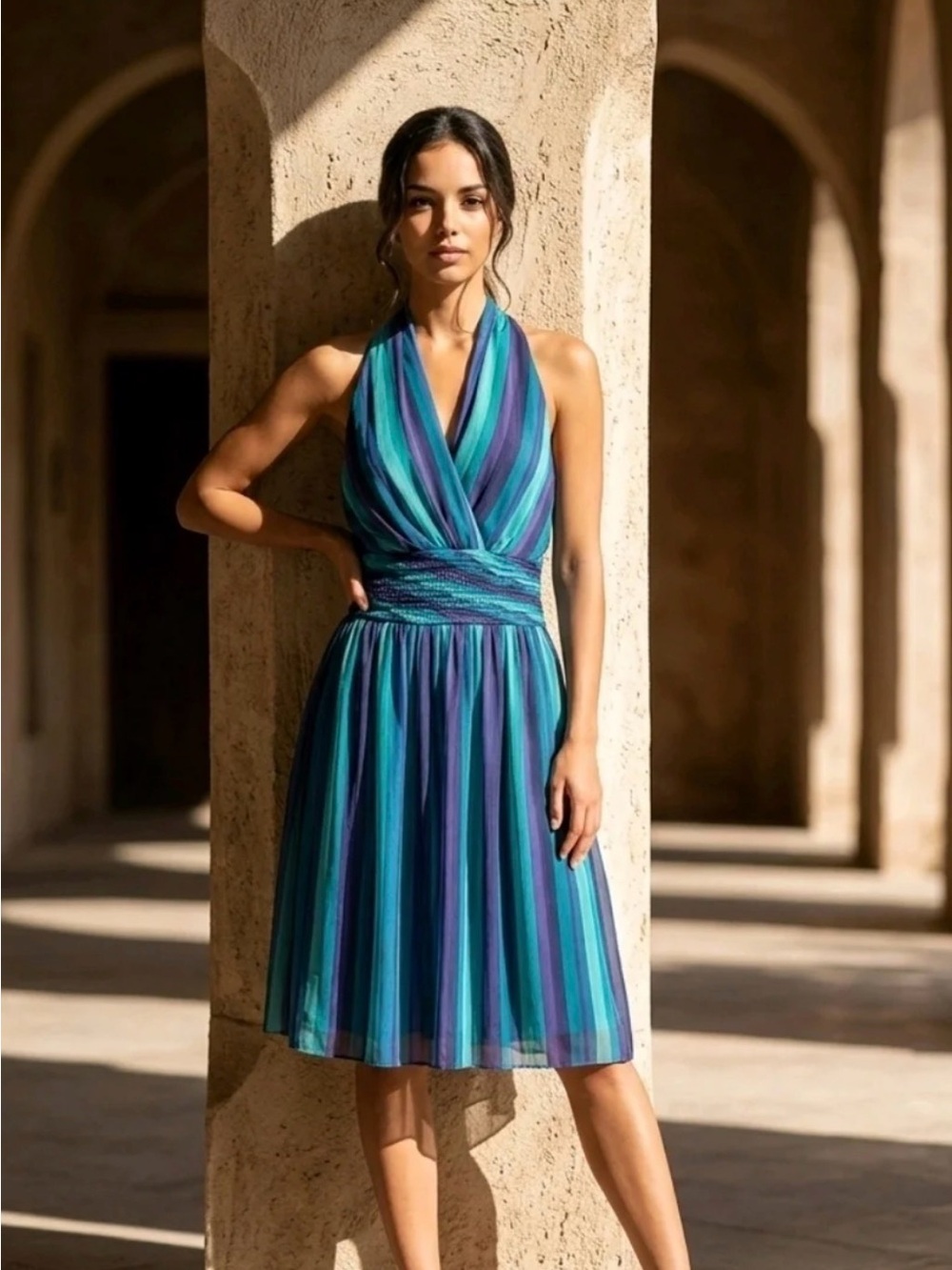 Evan Picone $99 "Winter Escape" Retro-Style Teal & Blue Halter Dress Sz 10 NWT